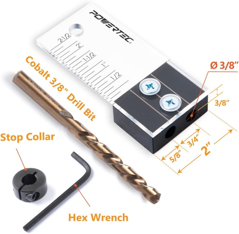 POWERTEC Dowel Jig Kit, Doweling Jig Kit 3/8", Dowel Jigs Woodworking, Laser Cut Witness Mark, with Depth Scale, Drill Guide Dowels, Cobalt M-35 Drill Bit & Split Ring Stop Collar 71716-P2 - Image 2